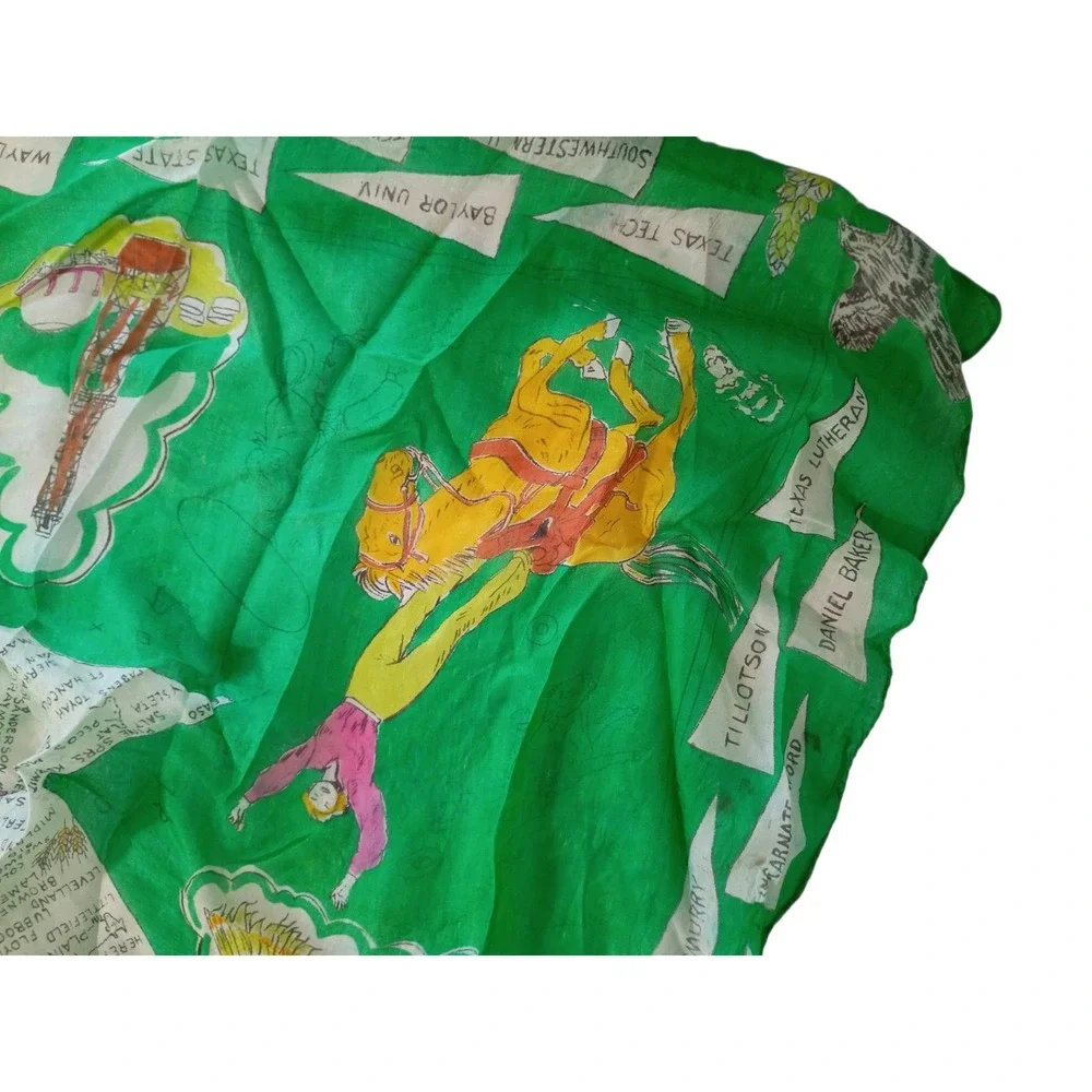 Vintage Texas Souvenir Scarf Silk Green Novelty Map Print Alamo Baylor Austin